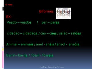 O nome


                       Biformes
EX:
Veado – veados        / par – pares

 cidadão – cidadãos / cão – cães / salão – salões

Animal – animais / anel - anéis / anzol - anzóis

Barril – barris / fóssil - fosseis

                        Luís Sérgio - Espaço 7 Língua Portuguesa
 