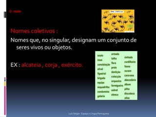 O nome




Nomes coletivos :
Nomes que, no singular, designam um conjunto de
  seres vivos ou objetos.

EX : alcateia , corja , exército.




                          Luís Sérgio - Espaço 7 Língua Portuguesa
 