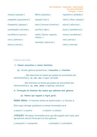 Ana Tapadinhas – Explicações – Apoio Escolar
Ano Letivo 2016/2017
Português – o nome
chusma ( pessoas )
companha ( pescadores )
Companhia ( pessoas )
constelação ( estrelas )
cordilheira ( serras )
coro ( cantores )
elenco ( atores )
Malta ( pessoas )
manada ( bois )
mata ( árvores silvestres )
matilha ( cães )
molho ( flores, vegetais,
chaves...)
montado ( sobreiros )
regimento ( soldados )
réstia ( alhos, cebolas )
sobral ( sobreiros )
souto ( castanheiros )
turma ( estudantes )
vara ( porcos )
vinha ( videiras)
O género do nome
1- Nomes masculinos e nomes femininos
a)- Há dois géneros gramaticais: o masculino e o feminino
. São masculinos os nomes que podem ser precedidos dos
determinantes o, os, um, uns: o rapaz, um balão
. São femininos os nomes que podem ser precedidos dos
determinantes a, as, uma, umas: a rapariga, uma praia
2- Formação do feminino dos nomes que admitem dois géneros
a)- Nomes que seguem a regra geral.
REGRA GERAL: O feminino obtém-se substituindo o o final por a
Esta regra abrange igualmente os nomes terminados em e
o mestre / a mestra o infante / a infanta
ATENÇÃO: Há nomes terminados em e que não seguem esta regra, pois
apresentam uma só forma para os dois géneros
o emigrante / a emigrante o estudante / a estudante
 