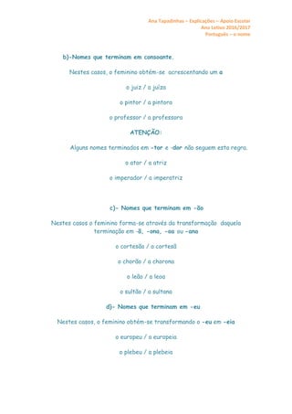 Ana Tapadinhas – Explicações – Apoio Escolar
Ano Letivo 2016/2017
Português – o nome
b)-Nomes que terminam em consoante.
Nestes casos, o feminino obtém-se acrescentando um a
o juiz / a juíza
o pintor / a pintora
o professor / a professora
ATENÇÃO:
Alguns nomes terminados em -tor e -dor não seguem esta regra.
o ator / a atriz
o imperador / a imperatriz
c)- Nomes que terminam em -ão
Nestes casos o feminino forma-se através da transformação daquela
terminação em -ã, -ona, -oa ou -ana
o cortesão / a cortesã
o chorão / a chorona
o leão / a leoa
o sultão / a sultana
d)- Nomes que terminam em -eu
Nestes casos, o feminino obtém-se transformando o -eu em -eia
o europeu / a europeia
o plebeu / a plebeia
 