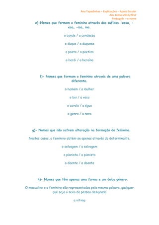 Ana Tapadinhas – Explicações – Apoio Escolar
Ano Letivo 2016/2017
Português – o nome
e)-Nomes que formam o feminino através dos sufixos -essa, -
esa, -isa, ina.
o conde / a condessa
o duque / a duquesa
o poeta / a poetiza
o herói / a heroína
f)- Nomes que formam o feminino através de uma palavra
diferente.
o homem / a mulher
o boi / a vaca
o cavalo / a égua
o genro / a nora
g)- Nomes que não sofrem alteração na formação do feminino.
Nestes casos, o feminino obtém-se apenas através do determinante.
o selvagem / a selvagem
o pianista / a pianista
o doente / a doente
h)- Nomes que têm apenas uma forma e um único género.
O masculino e o feminino são representados pela mesma palavra, qualquer
que seja o sexo da pessoa designada
a vítima
 