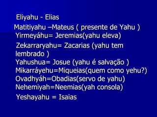 Eliyahu - Elias
Matitiyahu –Mateus ( presente de Yahu )
Yirmeyáhu= Jeremias(yahu eleva)
Zekarraryahu= Zacarias (yahu tem
lembrado )
Yahushua= Josue (yahu é salvação )
Mikarráyehu=Miqueias(quem como yehu?)
Ovadhyáh=Obadias(servo de yahu)
Nehemiyah=Neemias(yah consola)
Yeshayahu = Isaias

 
