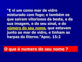 “E vi um como mar de vidro
misturado com fogo; e também os
que saíram vitoriosos da besta, e da
sua imagem, e do seu sinal, e do
número do seu nome, que estavam
junto ao mar de vidro, e tinham as
harpas do Eterno.”Apoc. 15:2

O que é numero do seu nome ?

 