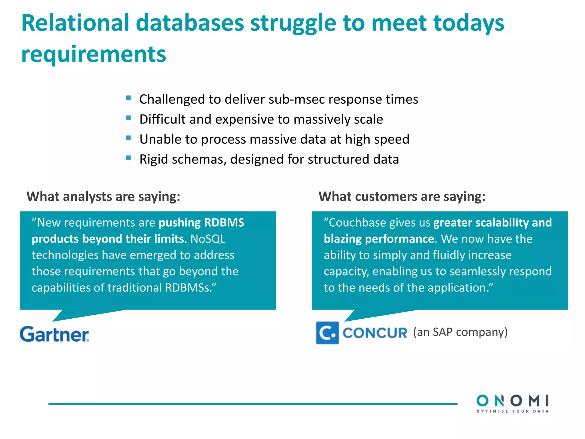 Relational databases struggle to meet todays
requirements
 Challenged to deliver sub-msec response times
 Difficult and expensive to massively scale
 Unable to process massive data at high speed
 Rigid schemas, designed for structured data
”New requirements are pushing RDBMS
products beyond their limits. NoSQL
technologies have emerged to address
those requirements that go beyond the
capabilities of traditional RDBMSs.”
”Couchbase gives us greater scalability and
blazing performance. We now have the
ability to simply and fluidly increase
capacity, enabling us to seamlessly respond
to the needs of the application.”
What analysts are saying: What customers are saying:
(an SAP company)
 