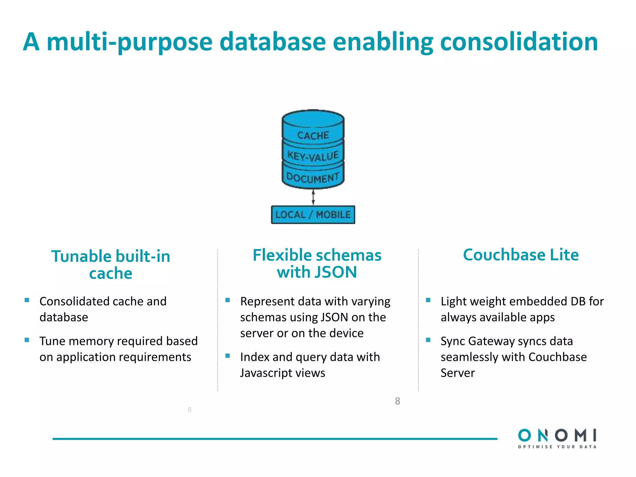 A multi-purpose database enabling consolidation
 Consolidated cache and
database
 Tune memory required based
on application requirements
8
8
Tunable built-in
cache
Flexible schemas
with JSON
Couchbase Lite
 Represent data with varying
schemas using JSON on the
server or on the device
 Index and query data with
Javascript views
 Light weight embedded DB for
always available apps
 Sync Gateway syncs data
seamlessly with Couchbase
Server
 