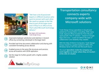 Toole Design Group specializes in bicycle and
pedestrian transportation consulting. With many
small, regional offices located far from HQ and
rapid growth, their IT solution – based on Google
Apps and Linux – could not deliver the ease of
collaboration and reliability they needed.
With the help of District Computers, Toole Design
Group moved to a system based on Office 365,
Windows Server 2012 R2 and Microsoft Azure.
The result: Specialists inside the company can
work together no matter where they are located –
at the click of a button.
“We have a lot of passionate
experts in different locations who
want to connect with each other.
We need our people to feel like
they’re part of the larger team
even if they’re an office of one.
That’s what Microsoft technology
delivers.”
Ben Sigrist, GIS Coordinator,
Toole Design Group
Improved employee satisfaction and retention in branch
offices by connecting individuals to the larger team
Provided real-time document collaboration and sharing with
consistent formatting across devices
Enabled access to the same file structures and versions
across all locations with DFSR replication
Set the stage for further growth with a highly scalable
solution
Transportation consultancy
connects experts
company-wide with
Microsoft solutions
 