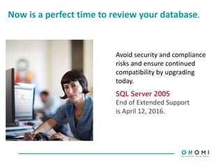 Now is a perfect time to review your database.
Avoid security and compliance
risks and ensure continued
compatibility by upgrading
today.
SQL Server 2005
End of Extended Support
is April 12, 2016.
 