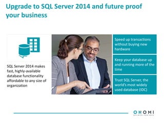 Upgrade to SQL Server 2014 and future proof
your business
SQL Server 2014 makes
fast, highly-available
database functionality
affordable to any size of
organization
Speed up transactions
without buying new
hardware
Keep your database up
and running more of the
time
Trust SQL Server, the
world’s most widely
used database (IDC)
 