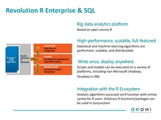 Revolution R Enterprise & SQL
Big data analytics platform
Based on open source R
High-performance, scalable, full-featured
Statistical and machine-learning algorithms are
performant, scalable, and distributable
Write once, deploy anywhere
Scripts and models can be executed on a variety of
platforms, including non-Microsoft (Hadoop,
Teradata in-DB)
Integration with the R Ecosystem
Analytic algorithms accessed via R function with similar
syntax for R users. Arbitrary R functions/packages can
be used in conjunction
 