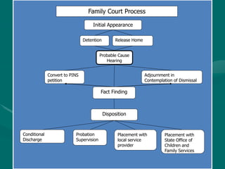 Family Court Process
Initial Appearance
Release Home
Detention
Probable Cause
Hearing
Convert to PINS
petition
Adjournment in
Contemplation of Dismissal
Fact Finding
Disposition
Conditional
Discharge
Probation
Supervision
Placement with
local service
provider
Placement with
State Office of
Children and
Family Services
 
