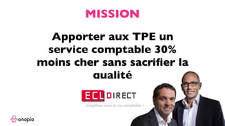 Apporter aux TPE un
service comptable 30%
moins cher sans sacriﬁer la
qualité
MISSION
 