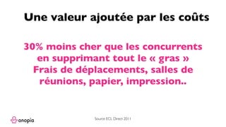 30% moins cher que les concurrents
en supprimant tout le « gras »
Frais de déplacements, salles de
réunions, papier, impression..
Une valeur ajoutée par les coûts
Source ECL Direct 2011
 