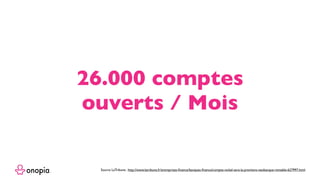 26.000 comptes
ouverts / Mois
Source LaTribune : http://www.latribune.fr/entreprises-ﬁnance/banques-ﬁnance/compte-nickel-sera-la-premiere-neobanque-rentable-627997.html
 