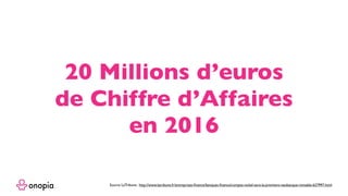 20 Millions d’euros
de Chiffre d’Affaires
en 2016
Source LaTribune : http://www.latribune.fr/entreprises-ﬁnance/banques-ﬁnance/compte-nickel-sera-la-premiere-neobanque-rentable-627997.html
 