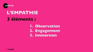 EMPATHIE
1. Observation
2. Engagement
3. Immersion
L’EMPATHIE
3 éléments :
 
