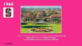 1960
Création d’un premier programme inter-départemental à l’université de
Stanford, la majeure de Product Design.
Ce programme se veut centré sur l’humain.
 