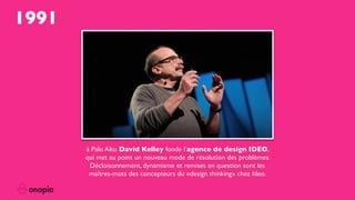 1991
à Palo Alto David Kelley fonde l’agence de design IDEO,
qui met au point un nouveau mode de résolution des problèmes.
Décloisonnement, dynamisme et remises en question sont les
maîtres-mots des concepteurs du «design thinking» chez Ideo.
 
