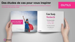 ➡ Le Business Model Canvas,
➡ Le Value Proposition Canvas,
➡ La carte de l’empathie,
➡ La courbe de valeur de la stratégie océan bleu,
➡ La carte du temps des Tendances et Technologies,
➡ Etudes de cas de Business Models de différents
secteurs,
➡ Facilitation graphique..
LES OUTILS
En fonction des objectifs, nous mobilisons un certain
nombre d’outils :
OUTILS
 