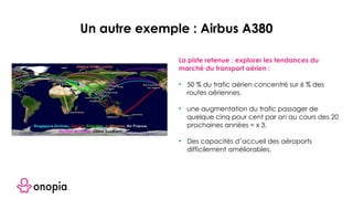 La piste retenue : explorer les tendances du
marché du transport aérien :
• 50 % du trafic aérien concentré sur 6 % des
routes aériennes,
• une augmentation du trafic passager de
quelque cinq pour cent par an au cours des 20
prochaines années = x 3,
• Des capacités d’accueil des aéroports
difficilement améliorables.
Un autre exemple : Airbus A380
 