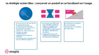 • Je me tourne vers les non-clients,
• Je comprends le cycle
d’expérience de l’utilisateur,
• Je comprends les frustrations et
attentes des non-clients,
• J’explore les offres alternative,
• J’explore les offres
complémentaires,
• J’appréhende les tendances
sociétales
• Je recherche des similitudes entre
tous ces différents segments.
• Je conçois une offre avec
une nouvelle courbe de
valeur en intégrant les
critères générant ces
similitudes ou des critères
de valeur radicalement
nouveaux.
• J’augmente le fun et la
simplicité d’utilisation afin
de maximiser l’adhésion
Je recherche et acquiers
les technologies
nécessaires à la création
de cette offre
La stratégie océan Bleu : concevoir un produit en se focalisant sur l’usage
 