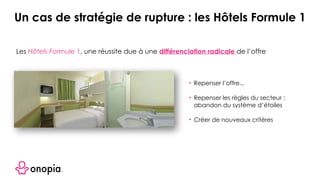 Les Hôtels Formule 1, une réussite due à une différenciation radicale de l’offre
• Repenser l’offre...
• Repenser les règles du secteur :
abandon du système d’étoiles
• Créer de nouveaux critères
Un cas de stratégie de rupture : les Hôtels Formule 1
 