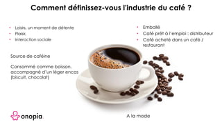 • Loisirs, un moment de détente
• Plaisir,
• Interaction sociale
• Emballé
• Café prêt à l’emploi : distributeur
• Café acheté dans un café /
restaurant
A la mode
Source de caféine
Consommé comme boisson,
accompagné d’un léger encas
(biscuit, chocolat)
Comment définissez-vous l'industrie du café ?
 