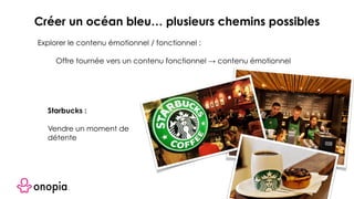 Starbucks :
Vendre un moment de
détente
Explorer le contenu émotionnel / fonctionnel :
Offre tournée vers un contenu fonctionnel → contenu émotionnel
Créer un océan bleu… plusieurs chemins possibles
 
