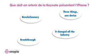 Revolutionnary
Three things,
one device
It changed all the
industry
Breakthrough
Que doit-on retenir de la Keynote présentant l’iPhone ?
 
