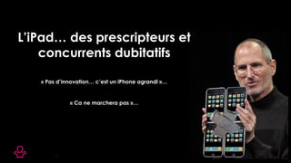 « Pas d’innovation… c’est un iPhone agrandi »…
« Ca ne marchera pas »…
L’iPad… des prescripteurs et
concurrents dubitatifs
 