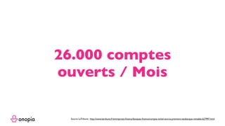 26.000 comptes
ouverts / Mois
Source LaTribune : http://www.latribune.fr/entreprises-ﬁnance/banques-ﬁnance/compte-nickel-sera-la-premiere-neobanque-rentable-627997.html
 