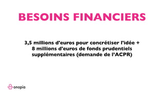 3,5 millions d'euros pour concrétiser l'idée +
8 millions d'euros de fonds prudentiels
supplémentaires (demande de l’ACPR)
BESOINS FINANCIERS
 