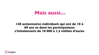 140 actionnaires individuels qui ont de 18 à
89 ans et dont les participations
s'échelonnent de 10 000 à 1,3 million d'euros
Mais aussi…
 