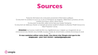 Sources
Toutes les informations de ce document proviennent d’informations publiques.
Ce document ne constitue en aucun cas un avis sur l’entreprise, ses dirigeants, collaborateurs, processus, services,
produits, fournisseurs, clients, culture interne.
Ce document ne peut-être utilisé comme base pour évaluer l’entreprise.
Ce document est réalisé pour illustrer un exemple de business model et l’utilisation du Business Model Canvas et du
Value Proposition Canvas.
Attention tout business model doit être revu régulièrement pour s’adapter aux changements de son
environnement, lois, intensité concurrentielle, nouveaux modes de consommation, contexte économique et social
etc.
Si vous souhaitez utiliser cette étude, vous devez citer Onopia ainsi que le site
onopia.com - pour tout contact : contact@onopia.com
 