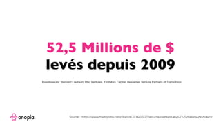 52,5 Millions de $
levés depuis 2009
Source : https://www.maddyness.com/ﬁnance/2016/05/27/securite-dashlane-leve-22-5-millions-de-dollars/
Investisseurs : Bernard Liautaud, Rho Ventures, FirstMark Capital, Bessemer Venture Partners et TransUnion
 