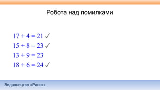 Видавництво «Ранок»
Робота над помилками
17 + 4 = 21 ✓
15 + 8 = 23 ✓
13 + 9 = 23
18 + 6 = 24 ✓
 