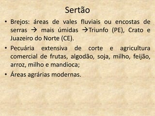 Sertão
• Brejos: áreas de vales fluviais ou encostas de
  serras  mais úmidas Triunfo (PE), Crato e
  Juazeiro do Norte (CE).
• Pecuária extensiva de corte e agricultura
  comercial de frutas, algodão, soja, milho, feijão,
  arroz, milho e mandioca;
• Áreas agrárias modernas.
 
