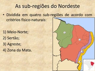 As sub-regiões do Nordeste
• Dividida em quatro sub-regiões de acordo com
  critérios físico-naturais:

1) Meio-Norte;
2) Sertão;
3) Agreste;
4) Zona da Mata.
 