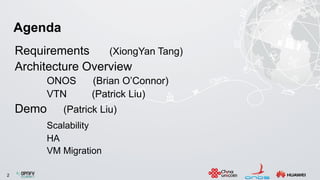 2
Agenda
Requirements (XiongYan Tang)
Architecture Overview
ONOS (Brian O’Connor)
VTN (Patrick Liu)
Demo (Patrick Liu)
Scalability
HA
VM Migration
 