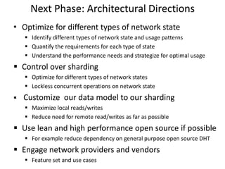 Next Phase: Architectural Directions
• Optimize for different types of network state
 Identify different types of network state and usage patterns
 Quantify the requirements for each type of state
 Understand the performance needs and strategize for optimal usage

 Control over sharding
 Optimize for different types of network states
 Lockless concurrent operations on network state



Customize our data model to our sharding
 Maximize local reads/writes
 Reduce need for remote read/writes as far as possible

 Use lean and high performance open source if possible
 For example reduce dependency on general purpose open source DHT

 Engage network providers and vendors
 Feature set and use cases

 