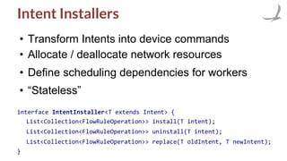 Intent Installers
• Transform Intents into device commands
• Allocate / deallocate network resources
• Define scheduling dependencies for workers
• “Stateless”
interface IntentInstaller<T extends Intent> {
List<Collection<FlowRuleOperation>> install(T intent);
List<Collection<FlowRuleOperation>> uninstall(T intent);
List<Collection<FlowRuleOperation>> replace(T oldIntent, T newIntent);
}
 