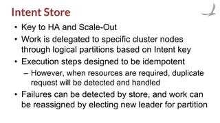 Intent Store
• Key to HA and Scale-Out
• Work is delegated to specific cluster nodes
through logical partitions based on Intent key
• Execution steps designed to be idempotent
– However, when resources are required, duplicate
request will be detected and handled
• Failures can be detected by store, and work can
be reassigned by electing new leader for partition
 