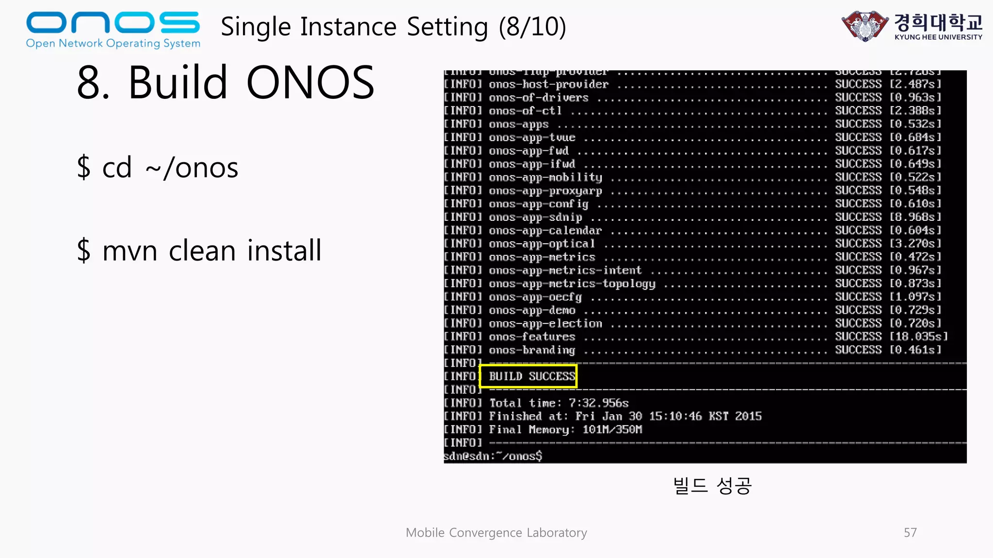 8. Build ONOS
$ cd ~/onos
$ mvn clean install
Mobile Convergence Laboratory 57
빌드 성공
Single Instance Setting (8/10)
 
