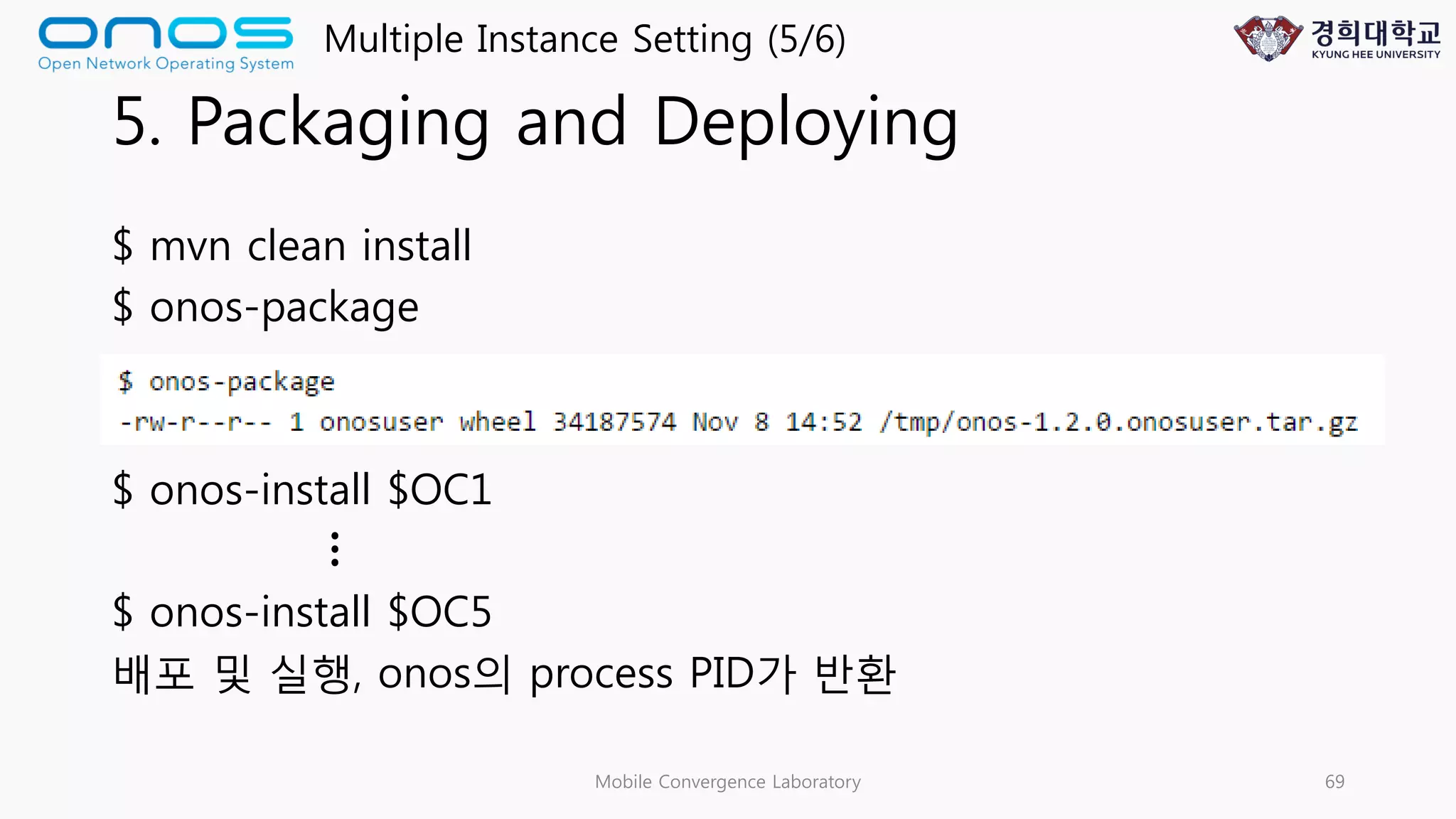 5. Packaging and Deploying
$ mvn clean install
$ onos-package
$ onos-install $OC1
$ onos-install $OC5
배포 및 실행, onos의 process PID가 반환
Mobile Convergence Laboratory 69
Multiple Instance Setting (5/6)
…
 
