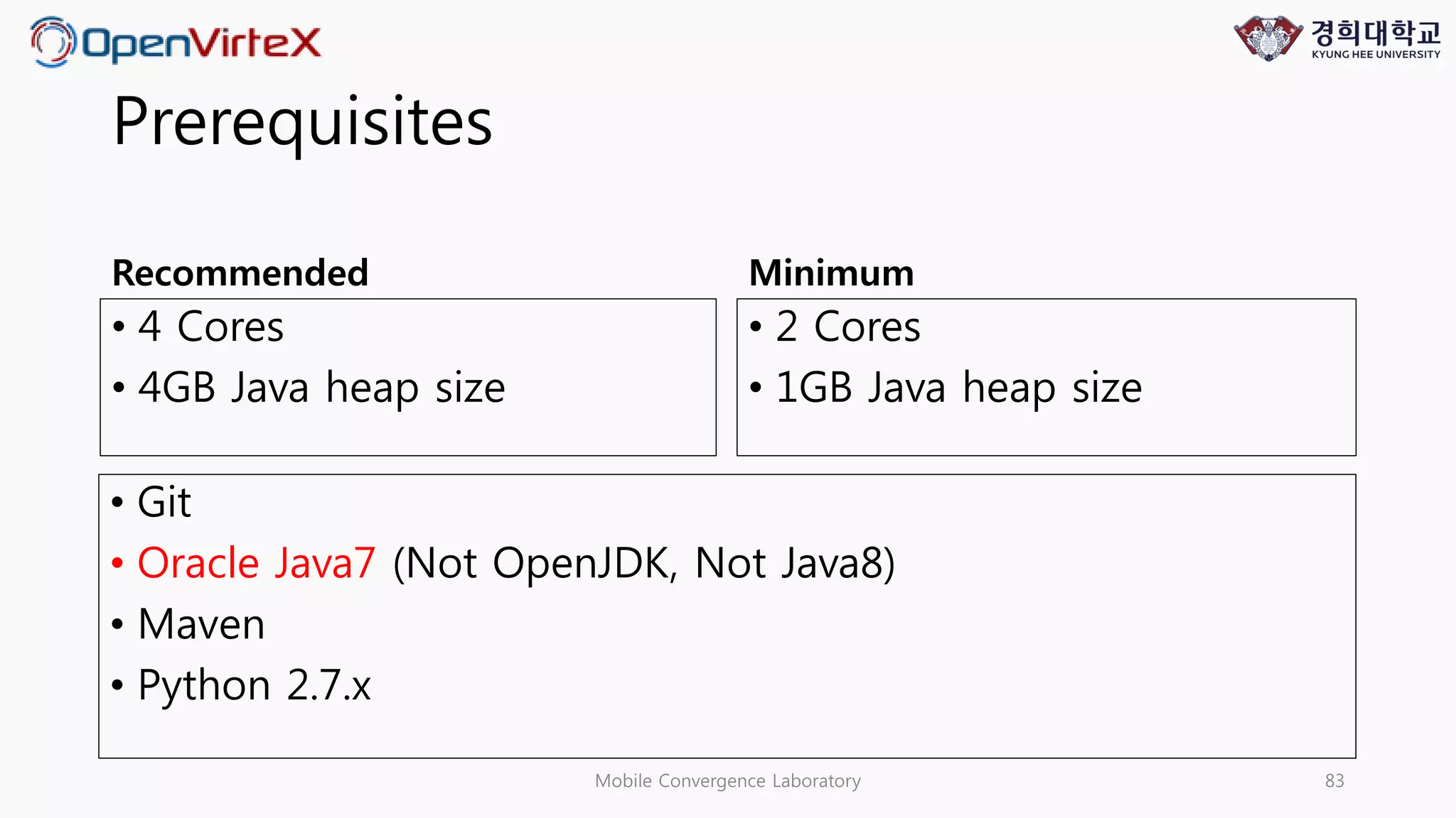 Prerequisites
Recommended
• 4 Cores
• 4GB Java heap size
Minimum
• 2 Cores
• 1GB Java heap size
Mobile Convergence Laboratory 83
• Git
• Oracle Java7 (Not OpenJDK, Not Java8)
• Maven
• Python 2.7.x
 