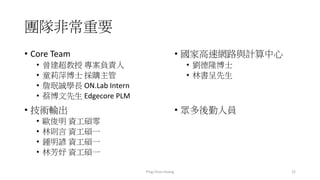 團隊非常重要
• Core Team
• 曾建超教授 專案負責人
• 童莉萍博士 採購主管
• 詹珉誠學長 ON.Lab Intern
• 蔡博文先生 Edgecore PLM
Ping-Chun Huang 22
• 技術輸出
• 歐俊明 資工碩零
• 林則言 資工碩一
• 鍾明諺 資工碩一
• 林芳妤 資工碩一
• 國家高速網路與計算中心
• 劉德隆博士
• 林書呈先生
• 眾多後勤人員
 