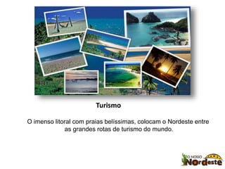 Turismo 
O imenso litoral com praias belíssimas, colocam o Nordeste entre 
as grandes rotas de turismo do mundo. 
 