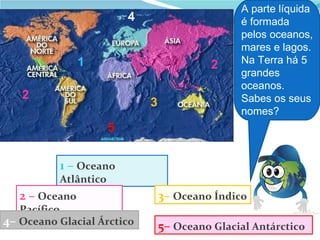 A parte líquida
                          4                      é formada
                                                 pelos oceanos,
                                                 mares e lagos.
                1                           2    Na Terra há 5
                                                 grandes
                                                 oceanos.
   2                                             Sabes os seus
                              3
                                                 nomes?
                      5


          1 – Oceano
          Atlântico
   2 – Oceano                     3– Oceano Índico
   Pacífico
4– Oceano Glacial Árctico         5– Oceano Glacial Antárctico
 