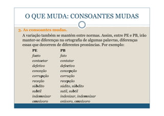 O QUE MUDA: CONSOANTES MUDAS

3. As consoantes mudas.
  A variação também se mantém entre normas. Assim, entre PE e PB, irão
  manter-se diferenças na ortografia de algumas palavras, diferenças
  essas que decorrem de diferentes pronúncias. Por exemplo:
       PE             PB
       facto          fato
       contactar      contatar
       defetivo       defectivo
       conceção       concepção
       corrupção      corrução
       receção        recepção
       súbdito        súdito, súbdito
       subtil         sutil, subtil
       indemnizar     indenizar, indemnizar
       omnívoro       onívoro, omnívoro
 