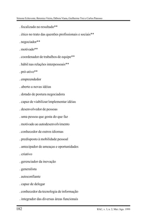 Simone Echeveste, Berenice Vieira, Débora Viana, Guilherme Trez e Carlos Panosso


  . focalizado no resultado**
  . ético no trato das questões profissionais e sociais**
  . negociador**
  . motivado**
  . coordenador de trabalhos de equipe**
  . hábil nas relações interpessoais**
  . pró-ativo**
  . empreendedor
  . aberto a novas idéias
  . dotado de postura negociadora
  . capaz de viabilizar/implementar idéias
  . desenvolvedor de pessoas
  . uma pessoa que gosta do que faz
  . motivado ao autodesenvolvimento
  . conhecedor de outros idiomas
  . predisposto à mobilidade pessoal
  . antecipador de ameaças e oportunidades
  . criativo
  . gerenciador da inovação
  . generalista
  . autoconfiante
  . capaz de delegar
  . conhecedor da tecnologia de informação
  . integrador das diversas áreas funcionais

182                                                                        RAC, v. 3, n. 2, Mai./Ago. 1999
 