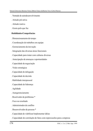 Simone Echeveste, Berenice Vieira, Débora Viana, Guilherme Trez e Carlos Panosso


  . Vontade de autodesenvolvimento
  . Atitude pró-ativa
  . Atitude reativa
  . Gosto pelo que faz

  Habilidades/Competências

  . Dimensionamento do tempo
  . Coordenação de trabalhos em equipe
  . Gerenciamento da inovação
  . Integração das diversas áreas funcionais
  . Capacidade para tratar com culturas diversas
  . Antecipação de ameaças e oportunidades
  . Capacidade de negociação
  . Visão estratégica
  . Capacidade de delegação
  . Capacidade de decisão
  . Habilidade interpessoal
  . Capacidade de liderança
  . Agilidade
  . Autogerenciamento
  . Resolvedor de problemas *
  . Foco no resultado
  . Administrador de conflito
  . Desenvolvedor de pessoas *
  . Capacidade de viabilizar/implementar idéias
  . Capacidade de correlação de fatos com repercussões para a empresa

174                                                                        RAC, v. 3, n. 2, Mai./Ago. 1999
 